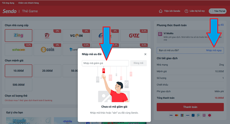 Mua thẻ game trên sendo 7